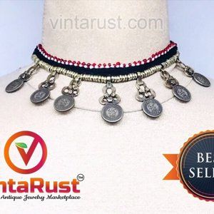 Vintage Choker Necklace With Dangling Coins, Statement Coins Choker Necklace